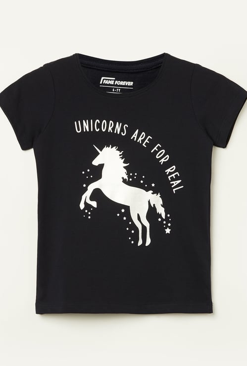 FAME FOREVER Girls Unicorn Print T-shirt