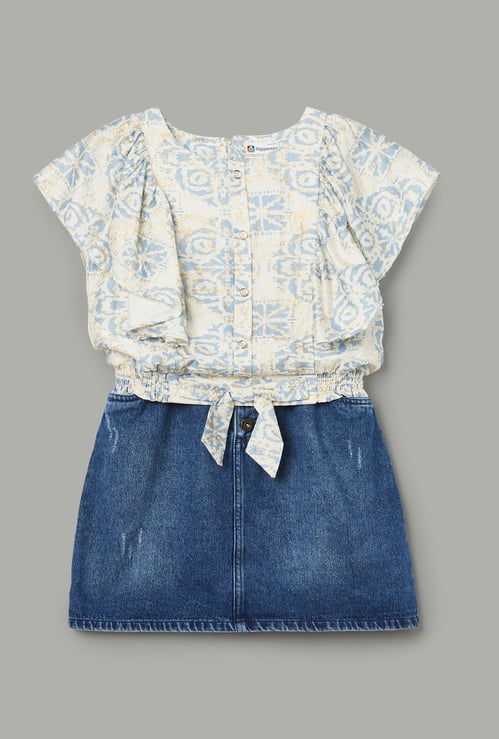 PEPPERMINT Girls Printed Top with Denim Skirt