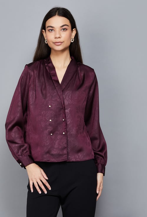 VERO MODA Floral Embossed Shawl Collar Top