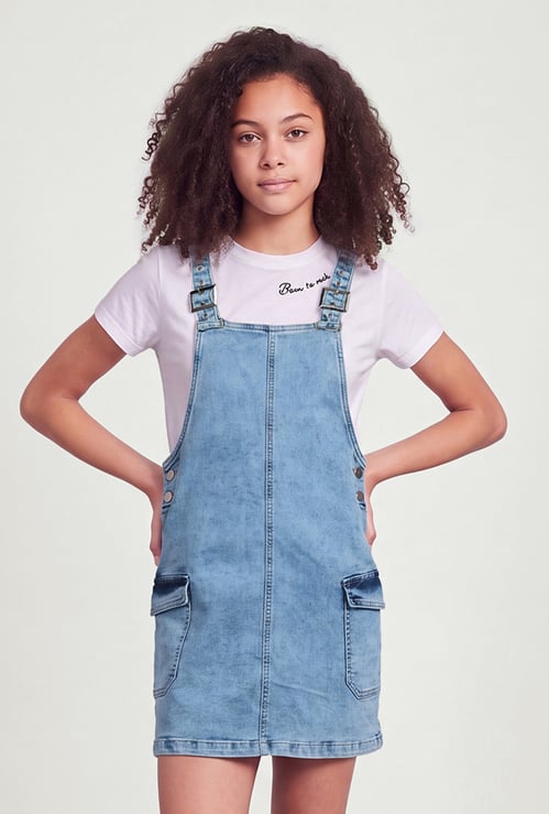 FAME FOREVER Girls Solid Dungaree with T-Shirt Set