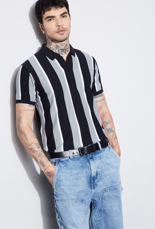 FAME FOREVER Striped Johnny Collar T-shirt