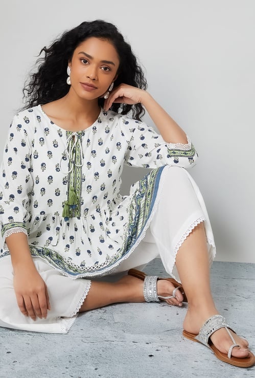 MELANGE Ethnic Motif Flared Hem Top