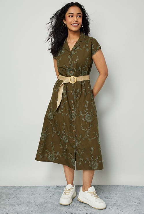 COLOUR ME Floral Embroidered Shirt Dress with Belt