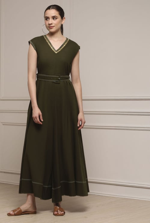BIBA Belted Jumpsuit with Embellished Neck