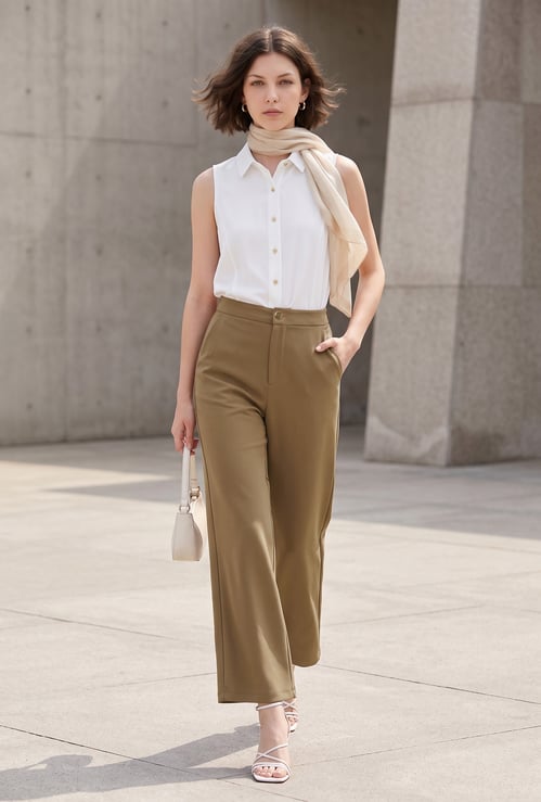 CODE Solid Wide-Leg Trousers