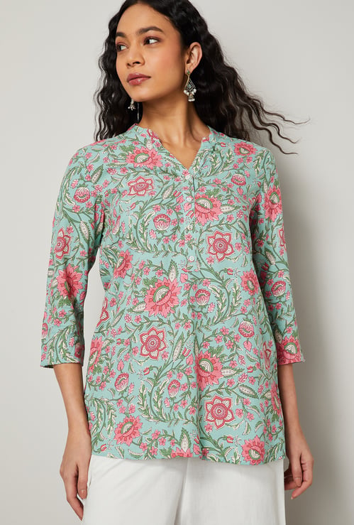 MELANGE Floral Print Band Collar 3/4th Sleeves Straight Kurti