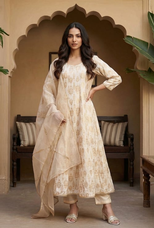 W Ethnic Motif Anarkali Kurta Set