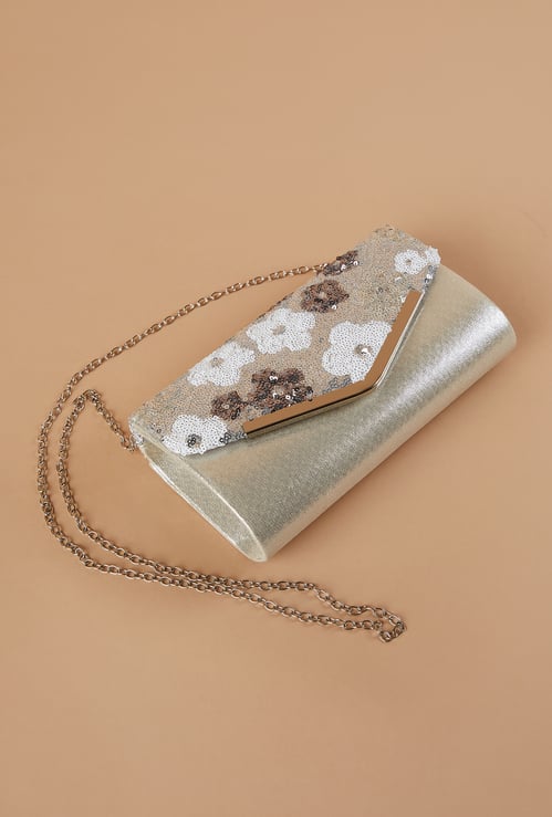 CODE Sequinned Envelope Clutch with Chain Strap