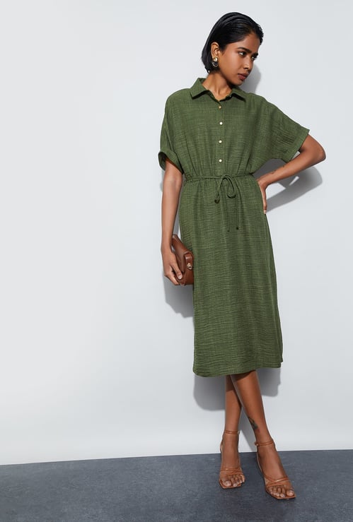 CODE Solid Button Down Midi Dress