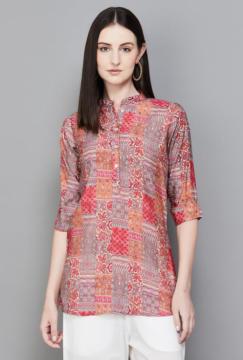 LIBAS Ethnic Motif Band Collar 3/4th Sleeves Straight Kurti