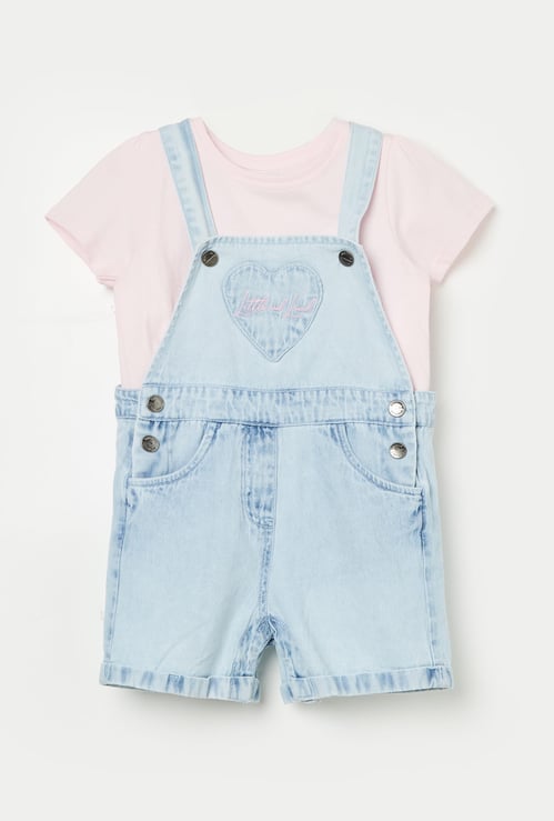FS MINI KLUB Girls Embroidered Dungarees with T-shirt