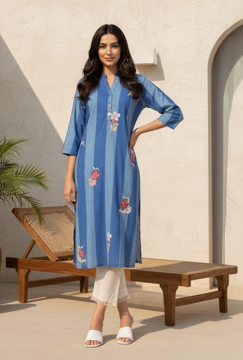 W Floral Print Band Collar Straight Kurta