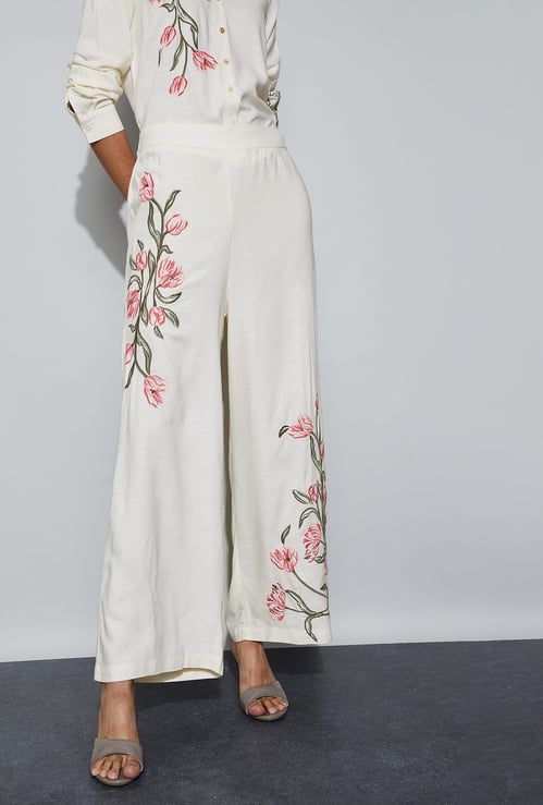 CODE Embroidered Wide Leg Trousers