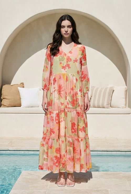 W Floral Print Tiered Maxi Dress