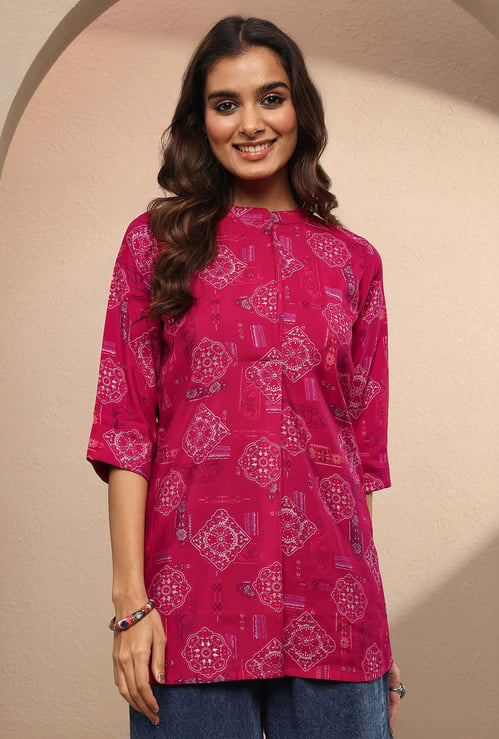 LIBAS Straight Ethnic Motif Band Collar Kurti