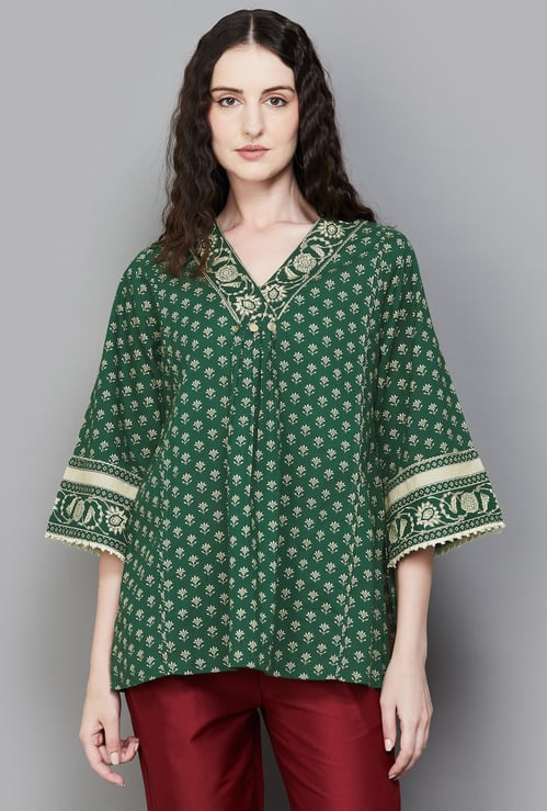LIBAS Floral Print V-Neck 3/4th Sleeves A-line Kurti