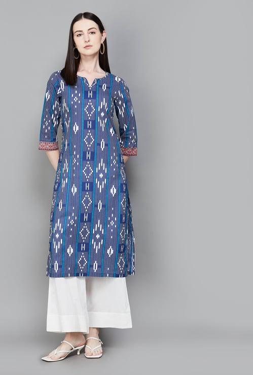 BIBA Ethnic Motif Notched Neck 3/4th Sleeves Straight Kurta