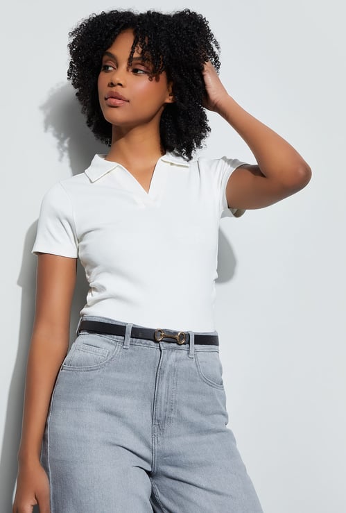 GINGER Knit Johnny Collar T-shirt
