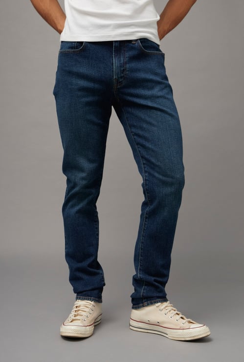AMERICAN EAGLE Solid Dark Wash Slim Straight Jeans