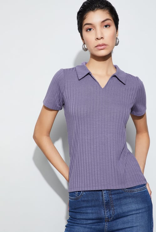 FAME FOREVER Ribbed Polo Collar T-shirt