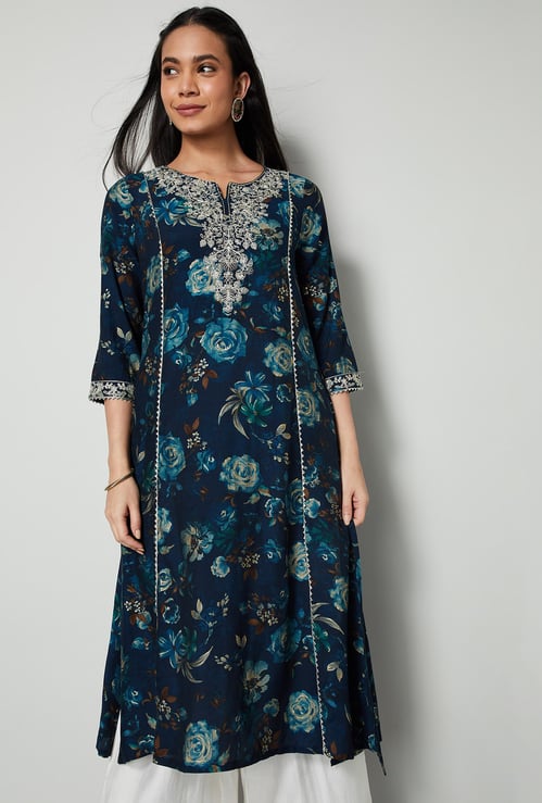 MELANGE Floral Embroidered Calf Length Straight Kurta