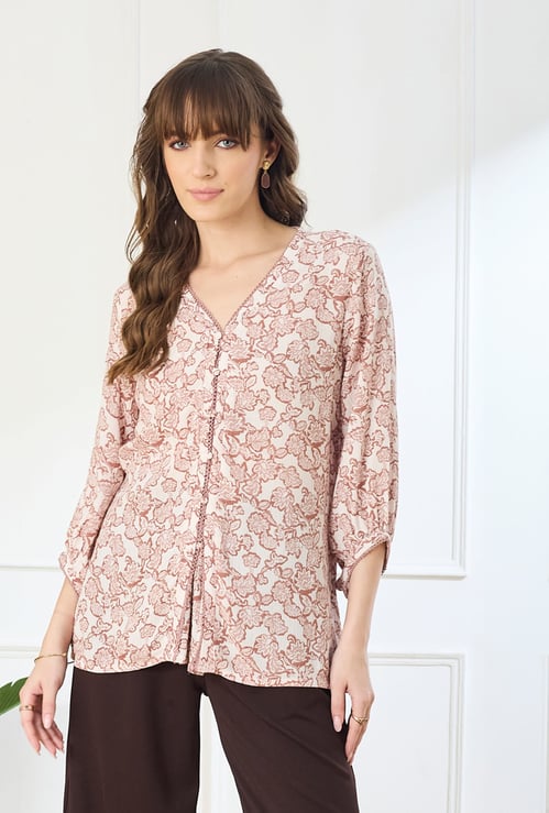 LATIN QUARTERS Floral Print Buttoned Tunic