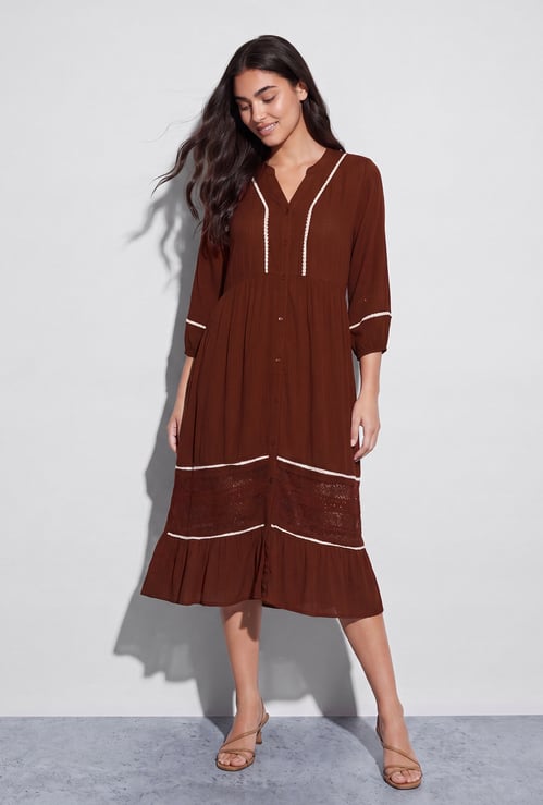 FAME FOREVER Solid Lace Detailed Midi Dress