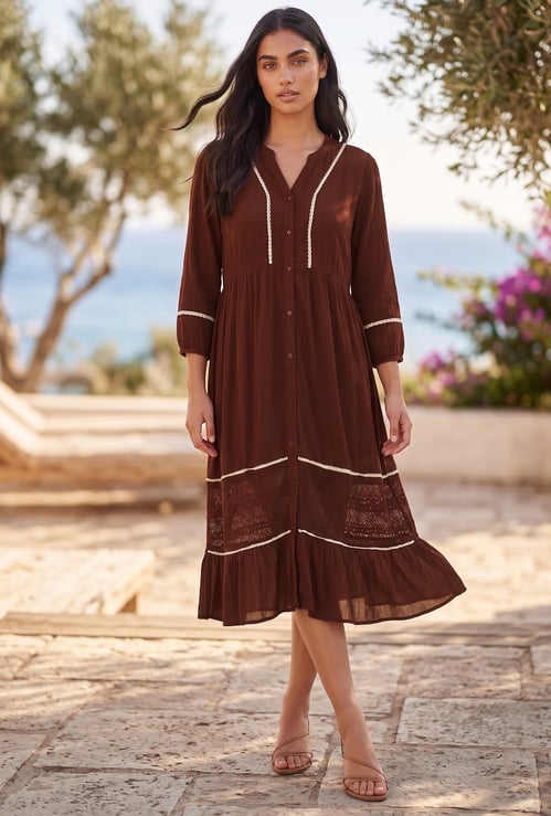 FAME FOREVER Solid Lace Detailed Midi Dress
