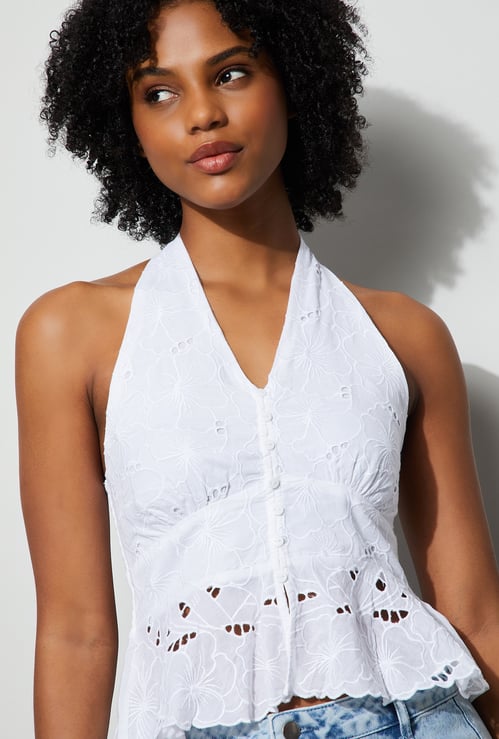 GINGER Embroidered Tie-Up Halter Top