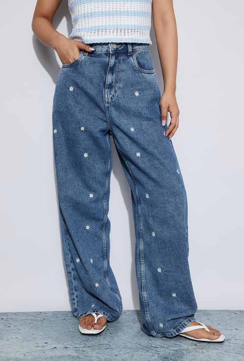 GINGER Embroidered Wide Leg Jeans