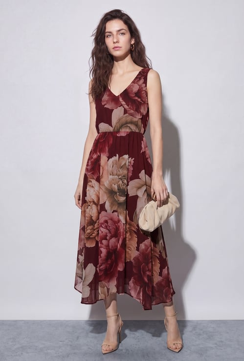 CODE Floral Print V-Neck Fit & Flare Dress