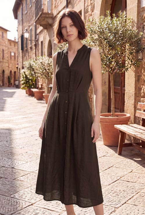 CODE Solid Buttoned Midi Dress