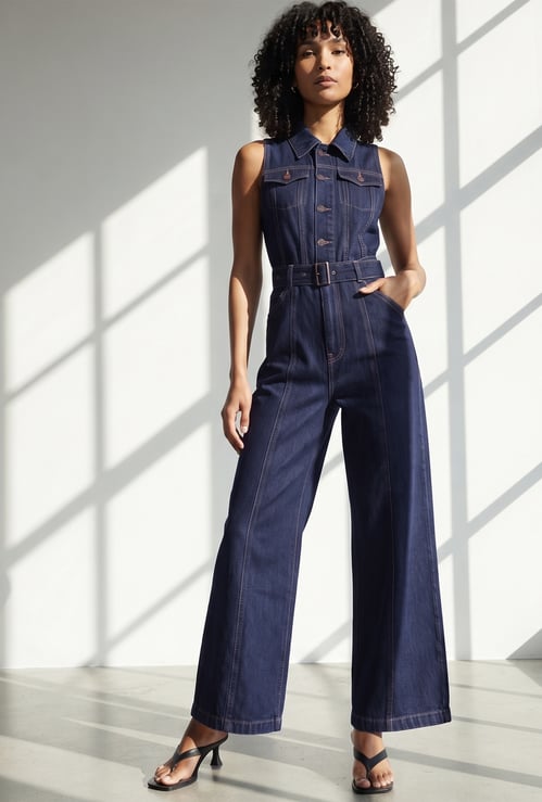 GINGER Solid Buttoned Belted Jumpsuit