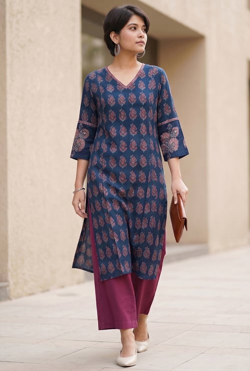 MELANGE Ethnic Motif V-Neck 3/4th Sleeves Straight Kurta