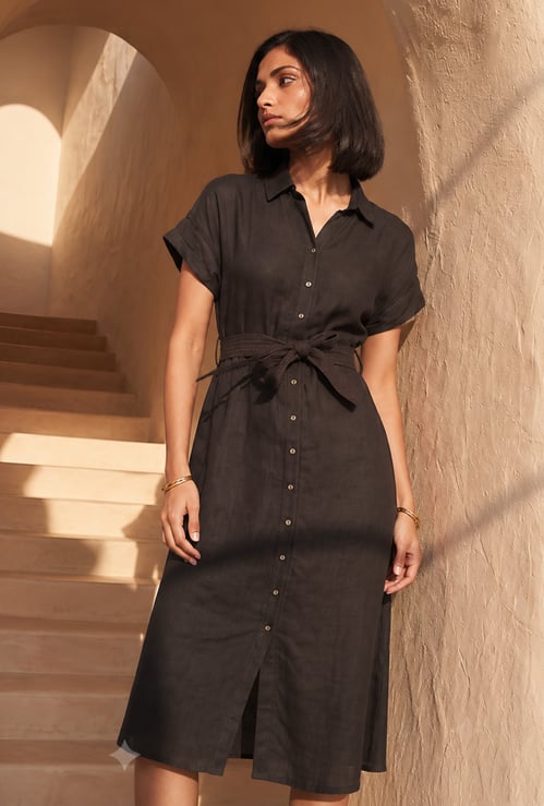 COLOUR ME Solid Midi Shirt Dress