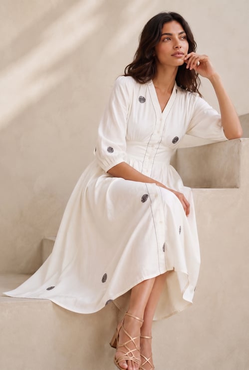 COLOUR ME BY MELANGE Embroidered V-Neck Midi Dress