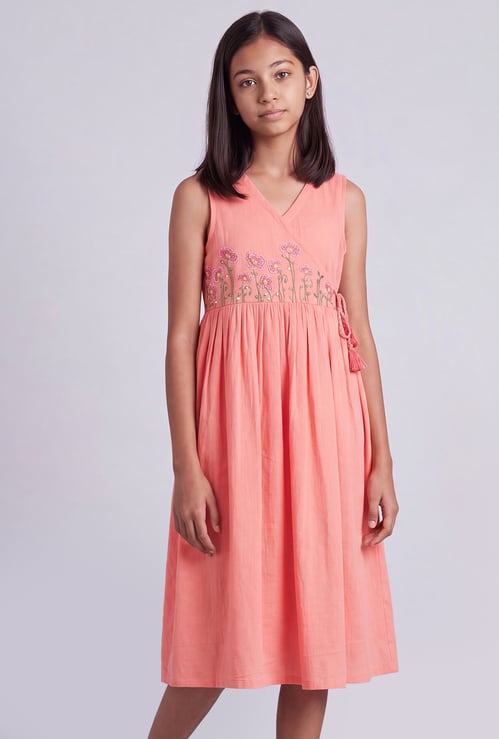 MELANGE Girls Embroidered Tie-Up Dress