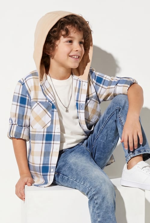Boys Checked Hooded Shirt