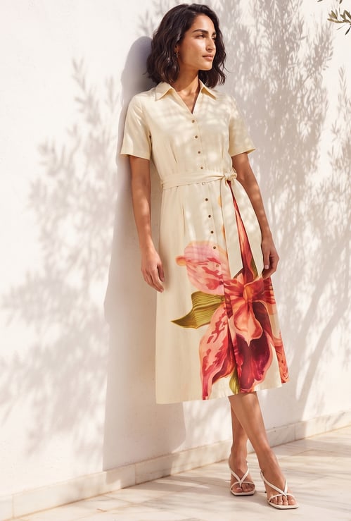 CODE Floral Printed Buttoned Midi Dress
