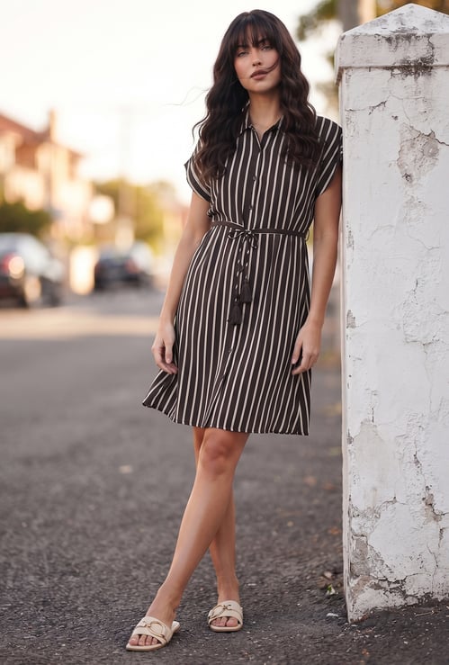 FAME FOREVER Striped Buttoned Shirt Dress
