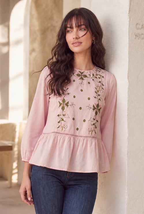 FAME FOREVER Embroidered Peplum Top