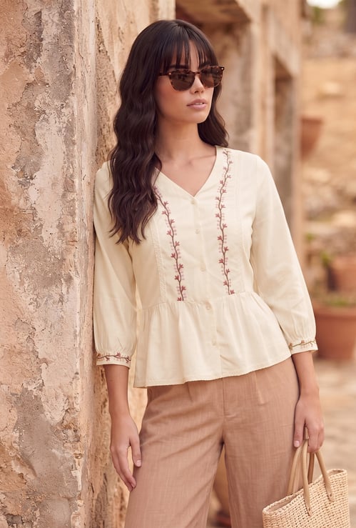 FAME FOREVER Embroidered Buttoned Top