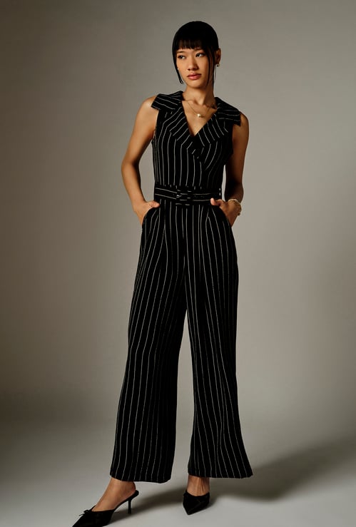 AND Striped Belted Sleeveless Jumpsuit