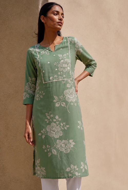 MELANGE Floral Print Notched Neck Straight Kurta