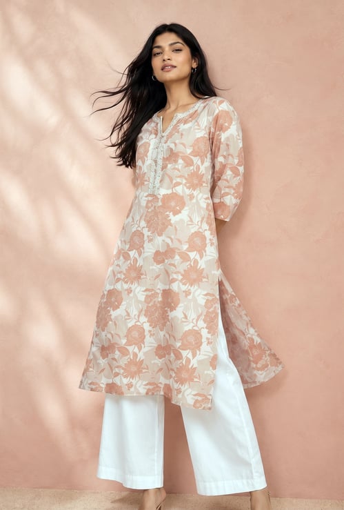MELANGE Floral Print Notched Neck 3/4th Sleeves Straight Kurta