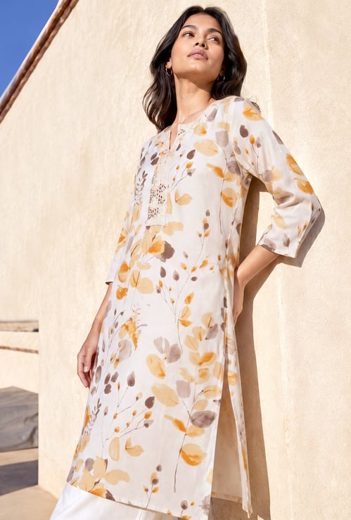MELANGE Floral Print Lace Detail Straight Kurta