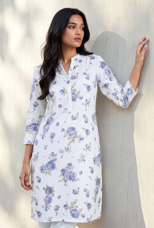 MELANGE Floral Print Band Collar Straight Kurta