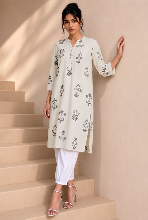 MELANGE Floral Print Band Collar Straight Kurta