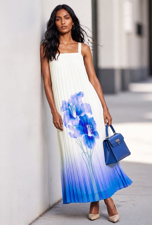 CODE Floral Print Pleated Maxi Dress