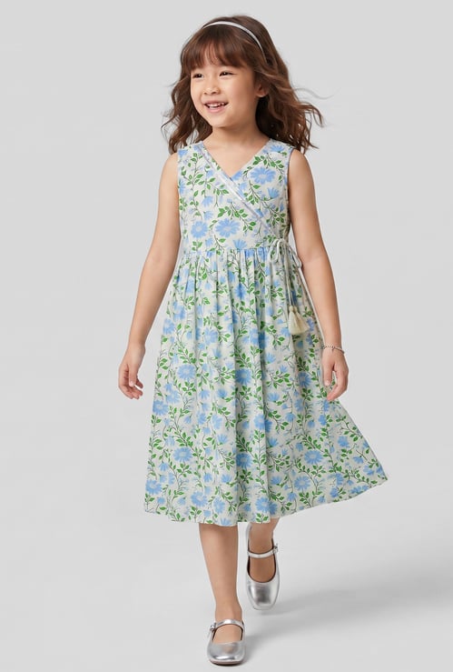 MELANGE Girls Floral Printed Dress with Tie-Up